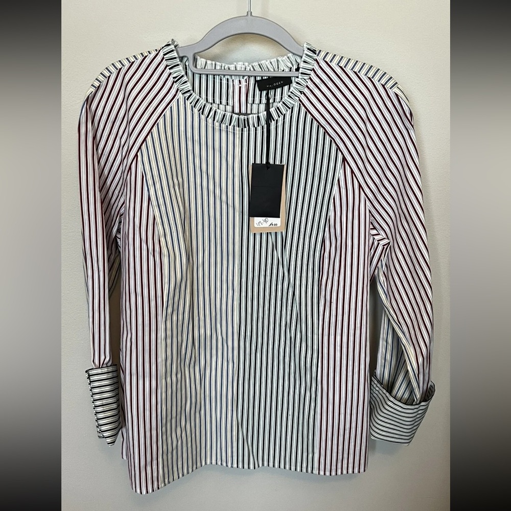 NEW Nordstrom Halogen Striped ButtonUp Blouse, RollTab Slv, Primary Colors, Sz L